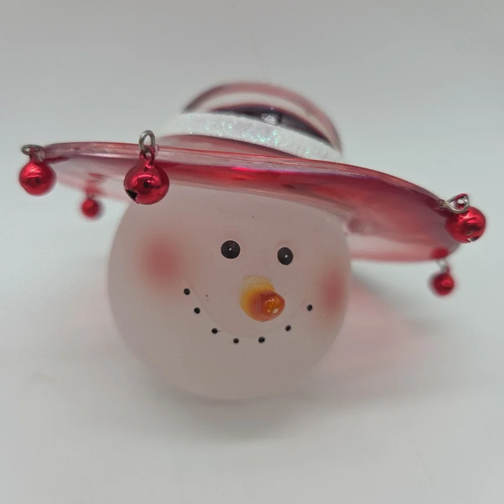 Art Glass Snowman Face In Garden Sunhat With Bells Hanging Christmas Ornament